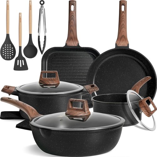 Kikcoin 16-Piece Non-Stick Ceramic Cookware Set - Induction-Compatible Kitchen Pots & Pans, Black