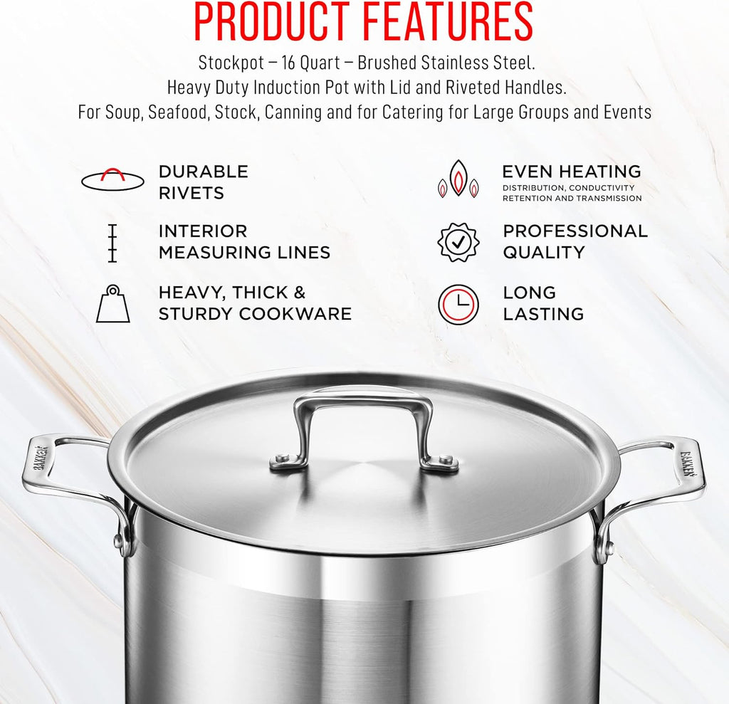 Stainless Steel Stockpot by [Brand Name] - 16 Quart Capacity, Durable 18/8 Steel, Even Heating, Oven Safe Up to 500°F