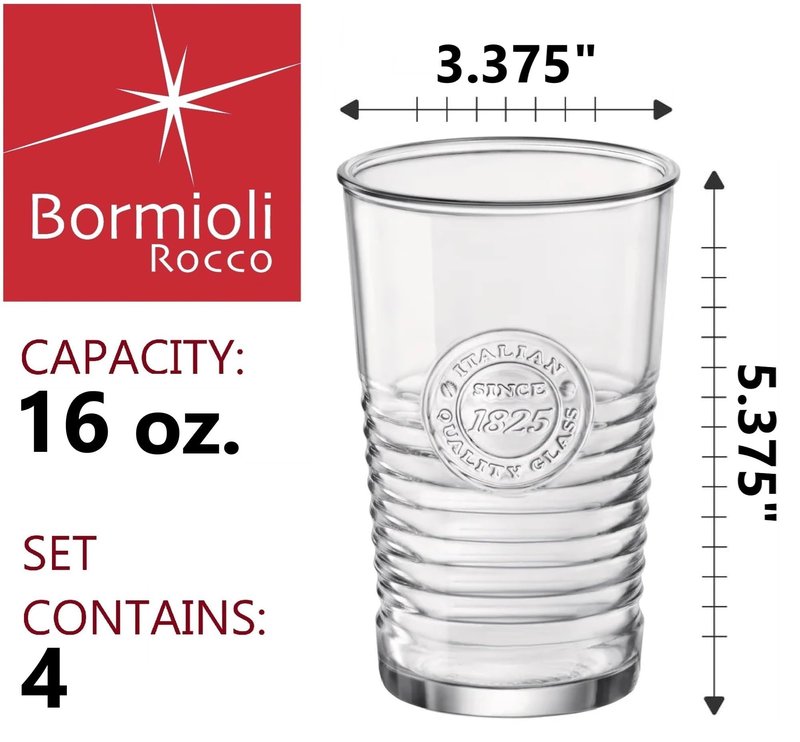 Bormioli Rocco Officina 1825 16 oz. Cooler Drinking Glasses, and Cocktails, Set of 4, Clear