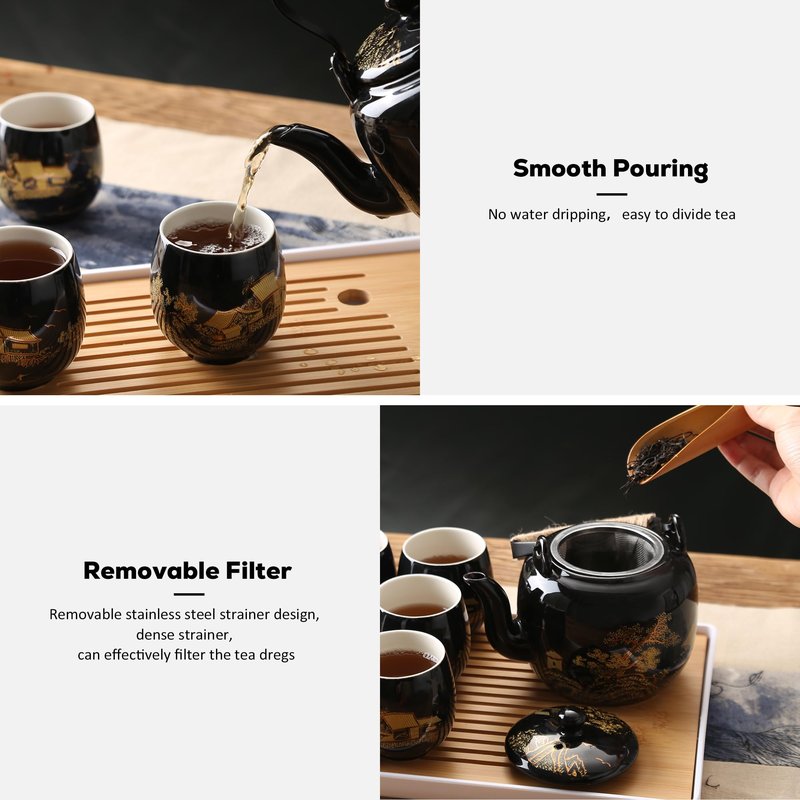 DUJUST Traditional Japanese Tea Pot, Black Porcelain Chinese Teapot with Stainless Infuser, Beautiful Asian Teapot for Adults, Tea Lover/Women/Men (Countryside in Golden)