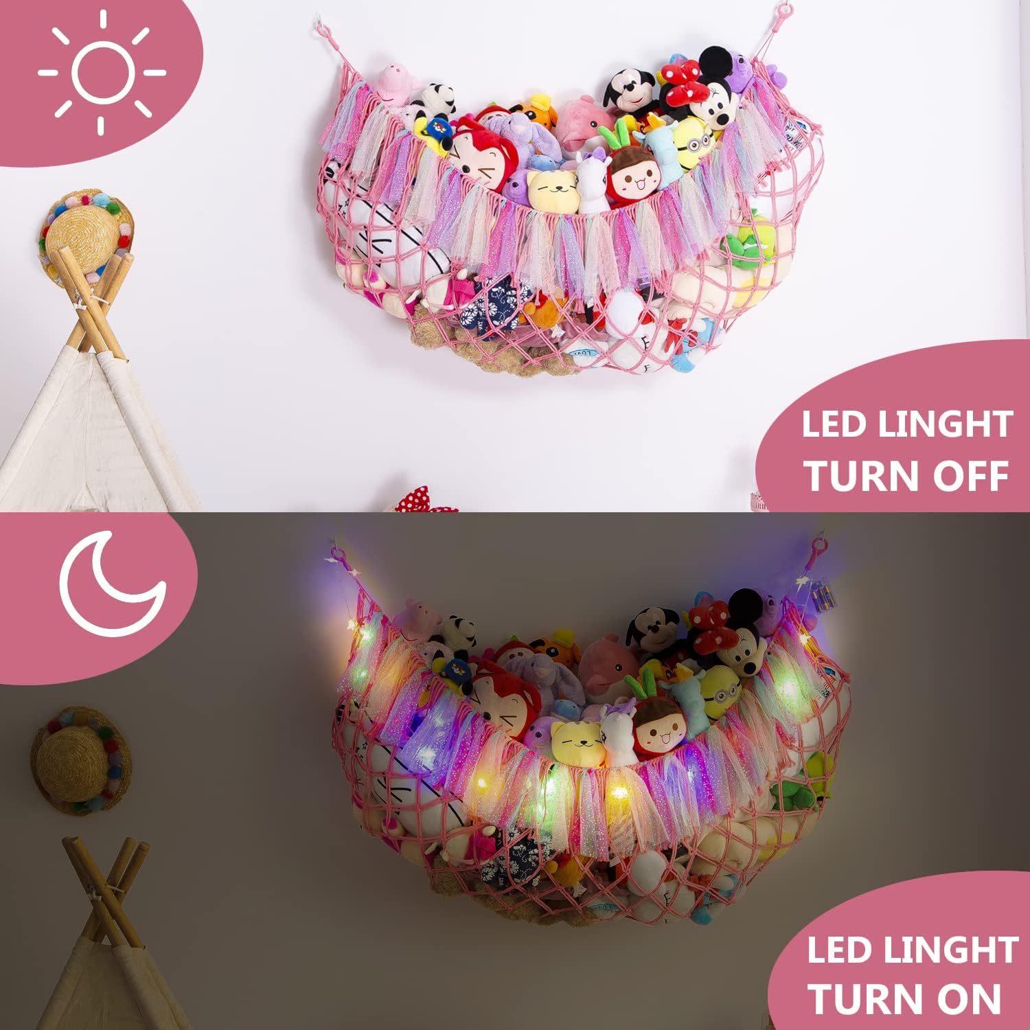 Jumbo Toy Hammock for Stuffed Animal Net Boho Macrame Toy Hammock with Led Light Stuffed Animal Storage Ideas Plush Toy Display Squishmallow Holder Net-Pink