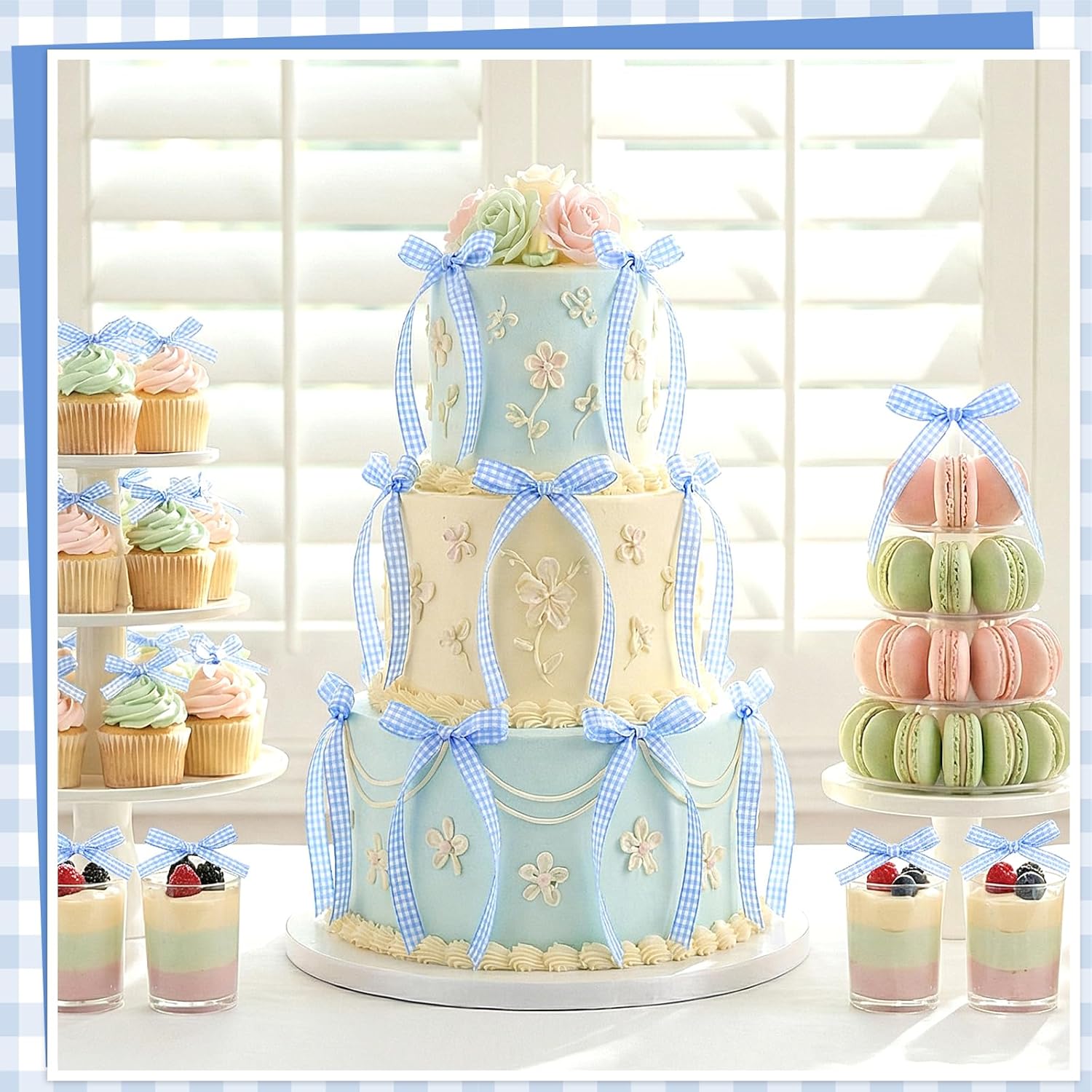 Skiennix 30 Pack Bow Cake Toppers - Blue Gingham Ribbons for Birthday & Baby Shower Celebrations
