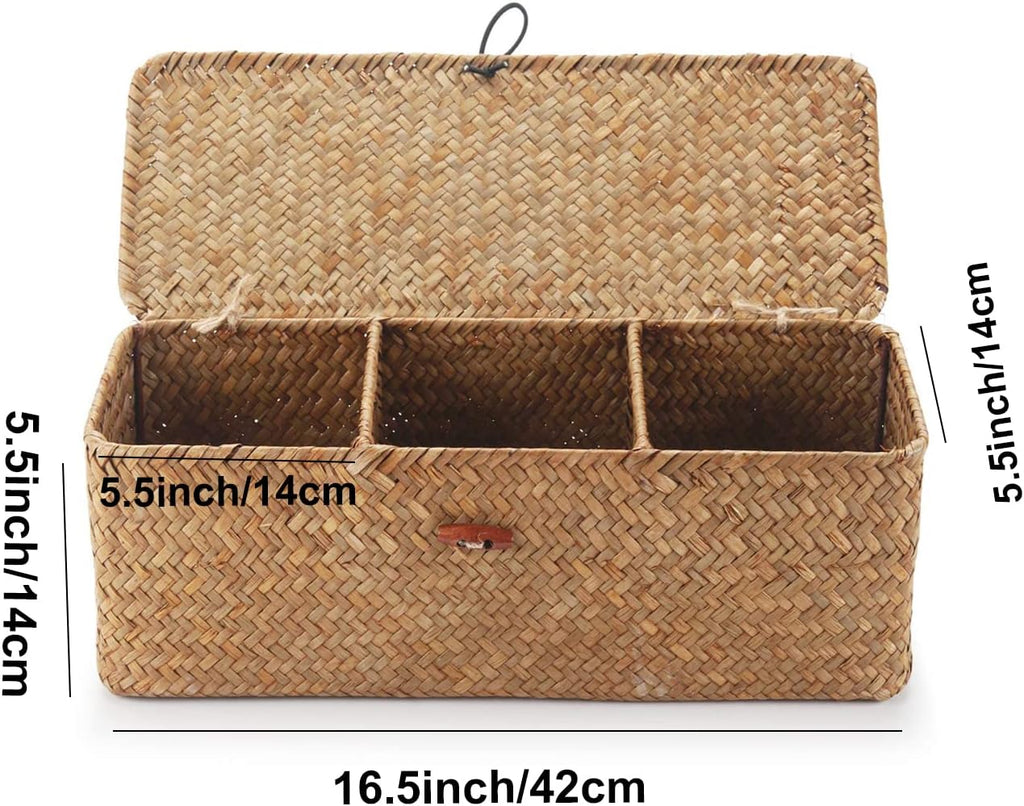 Seagrass Tank Basket - Woven Storage Basket with Lid for Organizing Snacks, Toys & More | Large 16.5" L x 5.5" W x 5.5" H