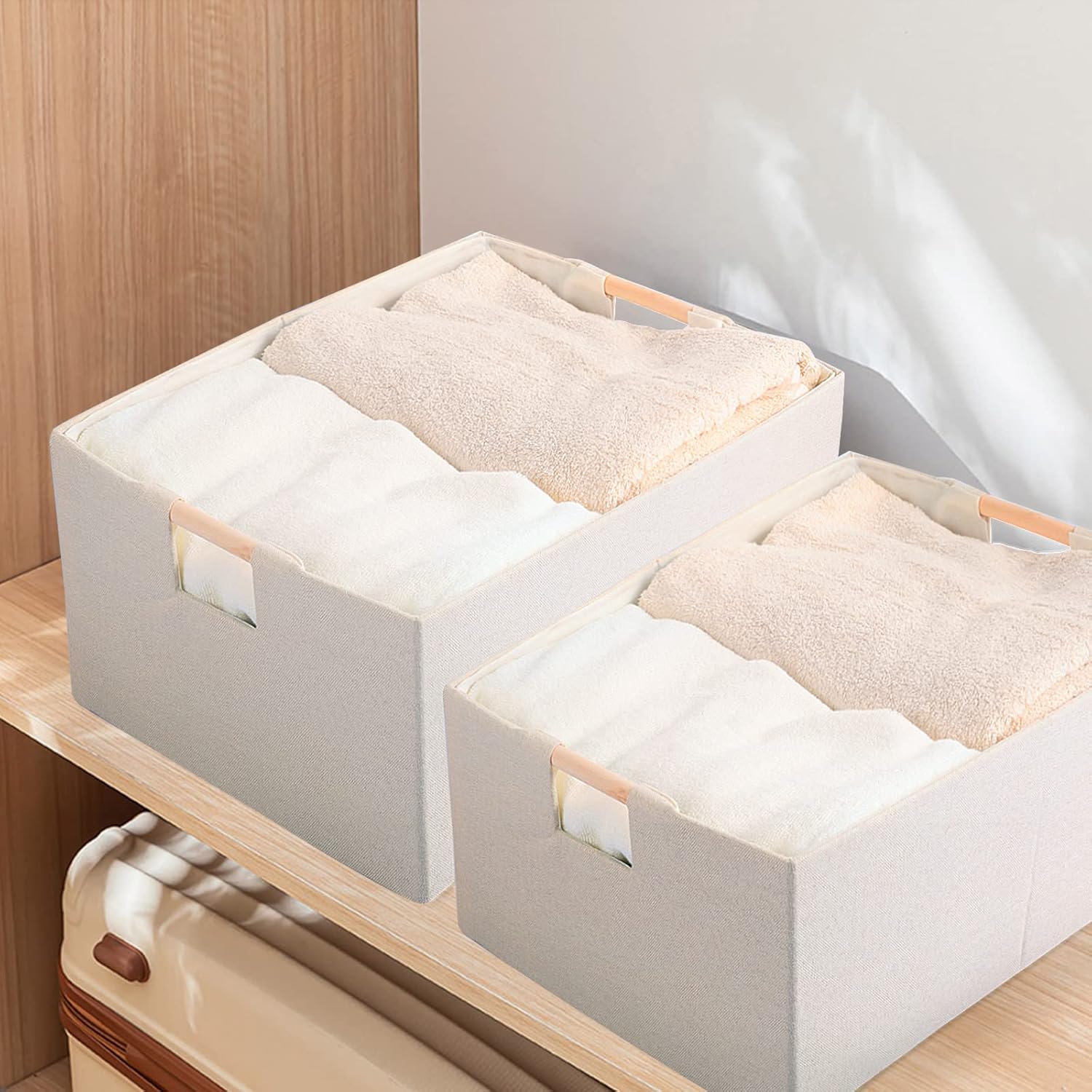 Skiennix Fabric Storage Bins - Foldable Cotton Linen Baskets with Wooden Handles | Beige, Small (3 Pack)