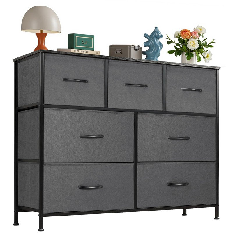 OLIXIS Dresser for Bedroom, 7 Storage Drawers, Wide Fabric Closet Chests Organizer Tower Furniture, TV Stand with Wooden Top Metal Frame for Clothes, Living Room, Hallway, Entryway, Grey
