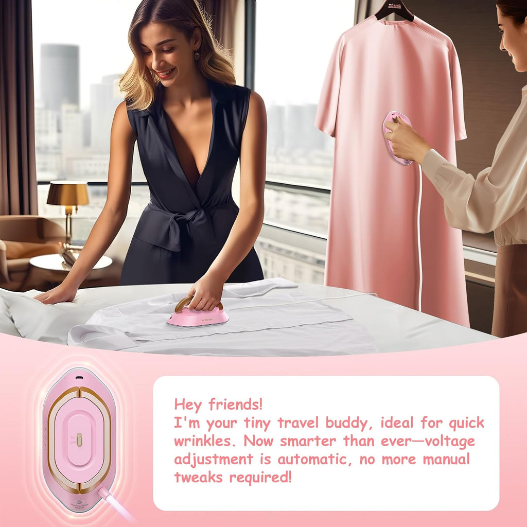 Newbealer Travel Iron - Mini Dry Iron with Global Voltage, 100-240V, Non-Stick Soleplate, 0.8lbs (Pink)