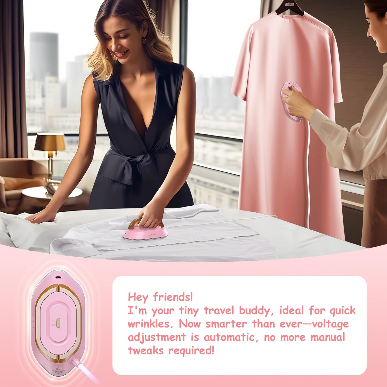 Newbealer Travel Iron - Mini Dry Iron with Global Voltage, 100-240V, Non-Stick Soleplate, 0.8lbs (Pink)