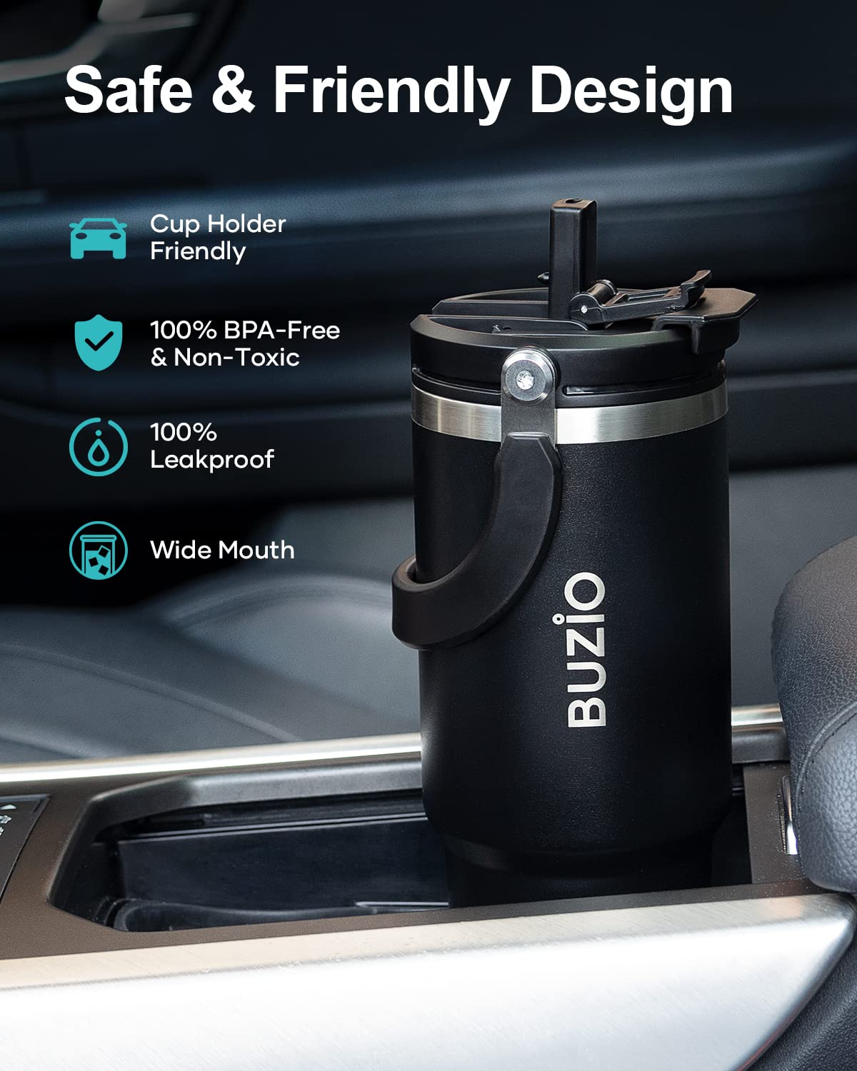 BUZIO 30 oz Tumbler with Handle, Insulated Tumbler with1 2-in-1 Lid and Straw, Stainless Steel Vacuum Insulated Iced Coffee Tumbler Cup Water Bottle for Water, Iced Tea or Coffee, Smoothie