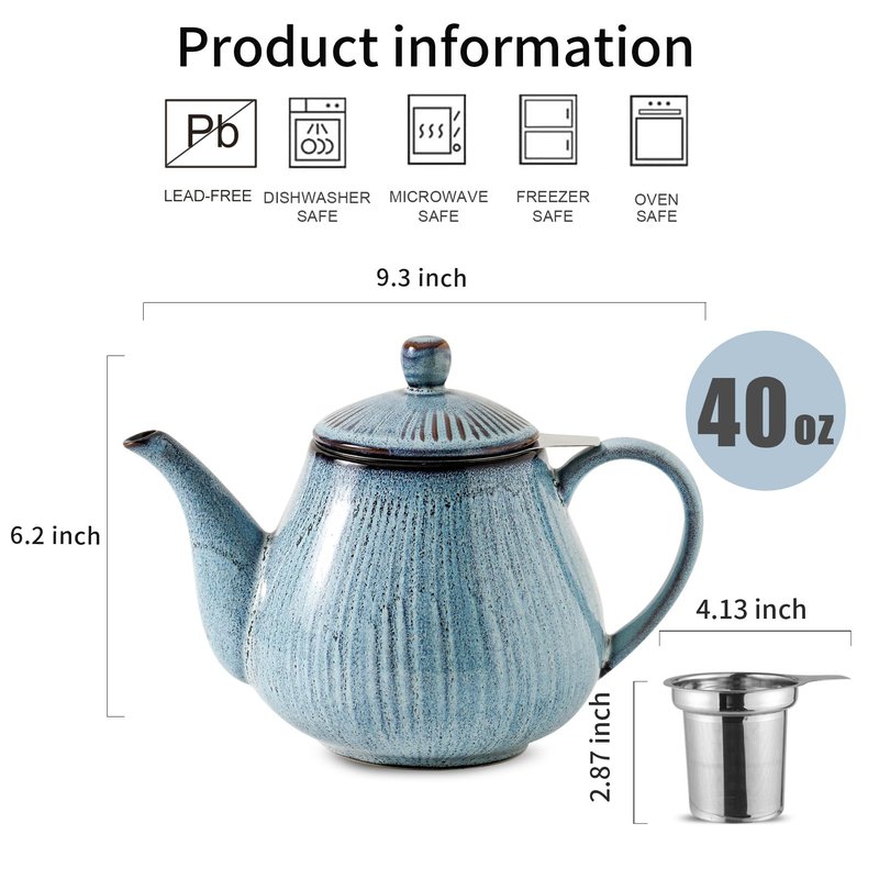 HVH 40 oz Porcelain Teapot with Stainless Steel Infuser, Ceramic Tea pot with Infuser for Loose Tea, Enough For 6 Cups, Striped Series (Wabi sabi)
