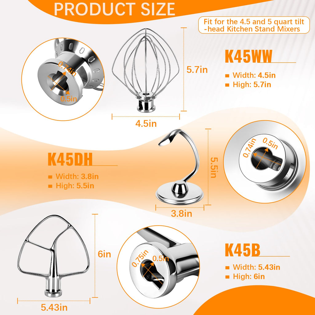 Kitchen Mixers Accessories for KitchenAid Stand Mixers, Stainless Steel Kitchen Mixer Attachment Includes K45WW Wire Whip, K45DH Dough Hook and K45B Flat Beater