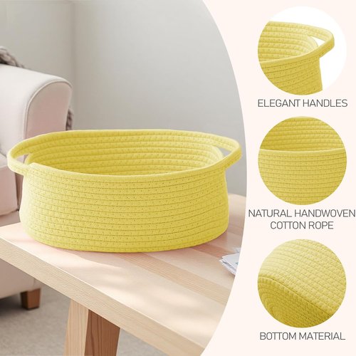 JMvicyroam Woven Basket - Small Rope Storage Bin with Handles | Organizer for Shelves & Closets - Yellow, 3 Pack