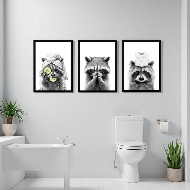WRFON Raccoon Bathroom Wall Art Set of 3, Black and White Funny Animal Framed Canvas Prints, Farmhouse Wall Decor for Bathroom, Laundry Room or Kids Room, 16" W x 24" H Inch