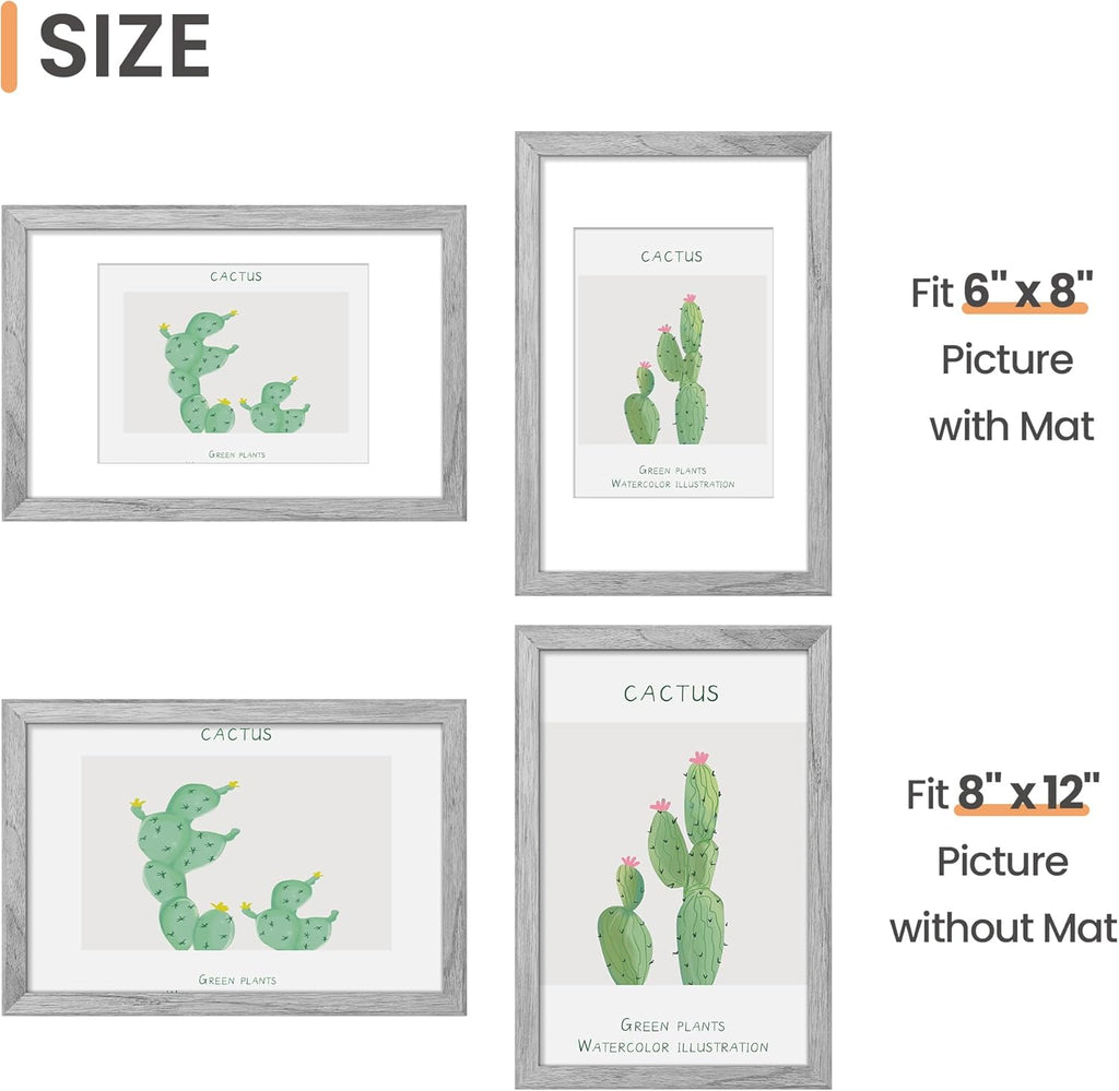Upsimples 8x12 Picture Frame - Versatile Display for 6x8 Photos with Mat or 8x12 Without - Gray, 1 Pack