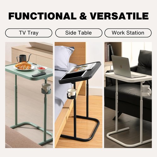 Keepo Metal TV Tray with Wheels/Casters, Side End Table, Adjustable Meal Tray, Folding Laptop Table with 3 Heights, 0 to 90 Degrees Tilt Angles, Portable Over Bed & Sofa Stand Desk (Gray Green)