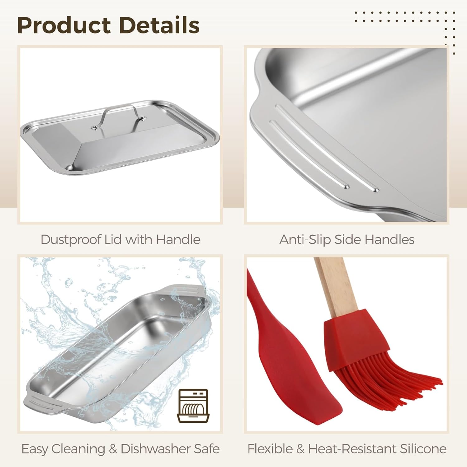 Skiennix 9x13 Stainless Steel Cake Pans - Durable Baking Trays with Double Handles & Silicone Brush