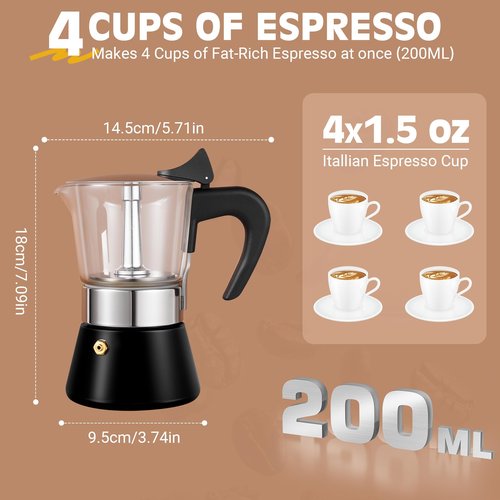 Suiitat Induction Moka Pot, 4 Cups (7.1 oz) Crystal Glass-Top & Stainless Steel Moka Pot, Classic Stovetop Espresso Maker, Black