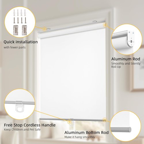 ChrisDowa 100% Blackout Roller Blinds - Cordless Thermal Insulated Shades | White, 31" W X 72" H