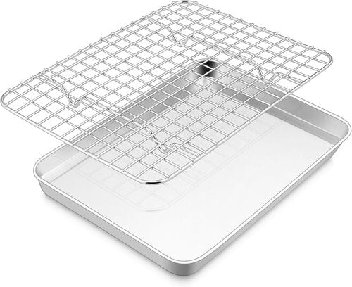 E-far Stainless Steel Baking Sheet Set - 10.5” x 8.3” Cookie Pan with Cooling Rack | Non-Toxic & Dishwasher Safe
