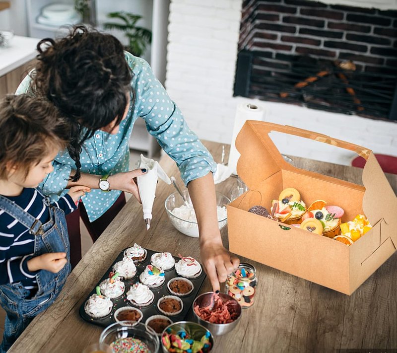UnicoPak 20 Pack Brown Cupcake Boxes with Handle Tray - 4" Tall Large Muffin Boxes for 6 Cupcakes - Professional Food-Grade Cardboard Window Boxes for High Frosting, Toppers & Jumbo Treats