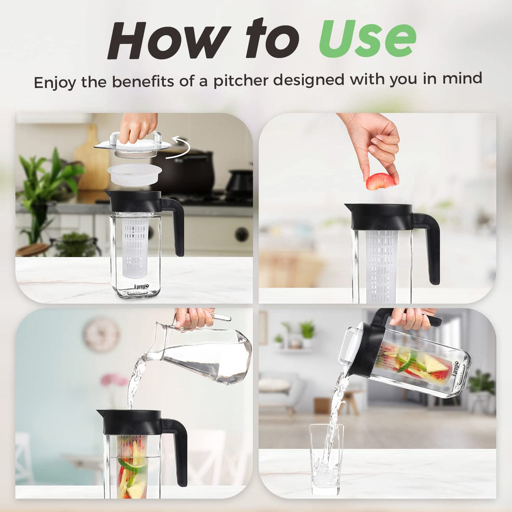 Small Fruit Infuser Water Pitcher - 36 Ounce Food Grade Borosilicate Glass Infusion Jug for Iced Juice, Beverages, Lemon, Fruit Wedges & Herbs | 4.5 Cups