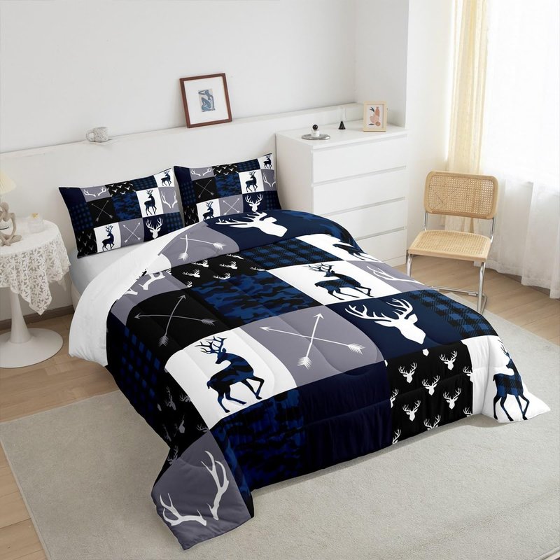 Manfei Camo Deer Antlers Comforter Set Full Size,Geometric Plaid Patchwork Bedding 3pcs for Kids Teens Girls Boys Room Xmas Cabin Quilt Set,Blue Grey Rustic Farmhouse Duvet Insert,2 Pillowcases