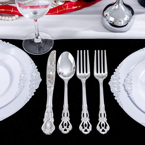 Joyido 40PSC Silver Plastic Cutlery - Vintage Silver Disposable Silverware - Heavyweight Plastic Utensils with 20 Forks, 10Knives, 10 Spoons For Catering, Parties, Dinners and Weddings