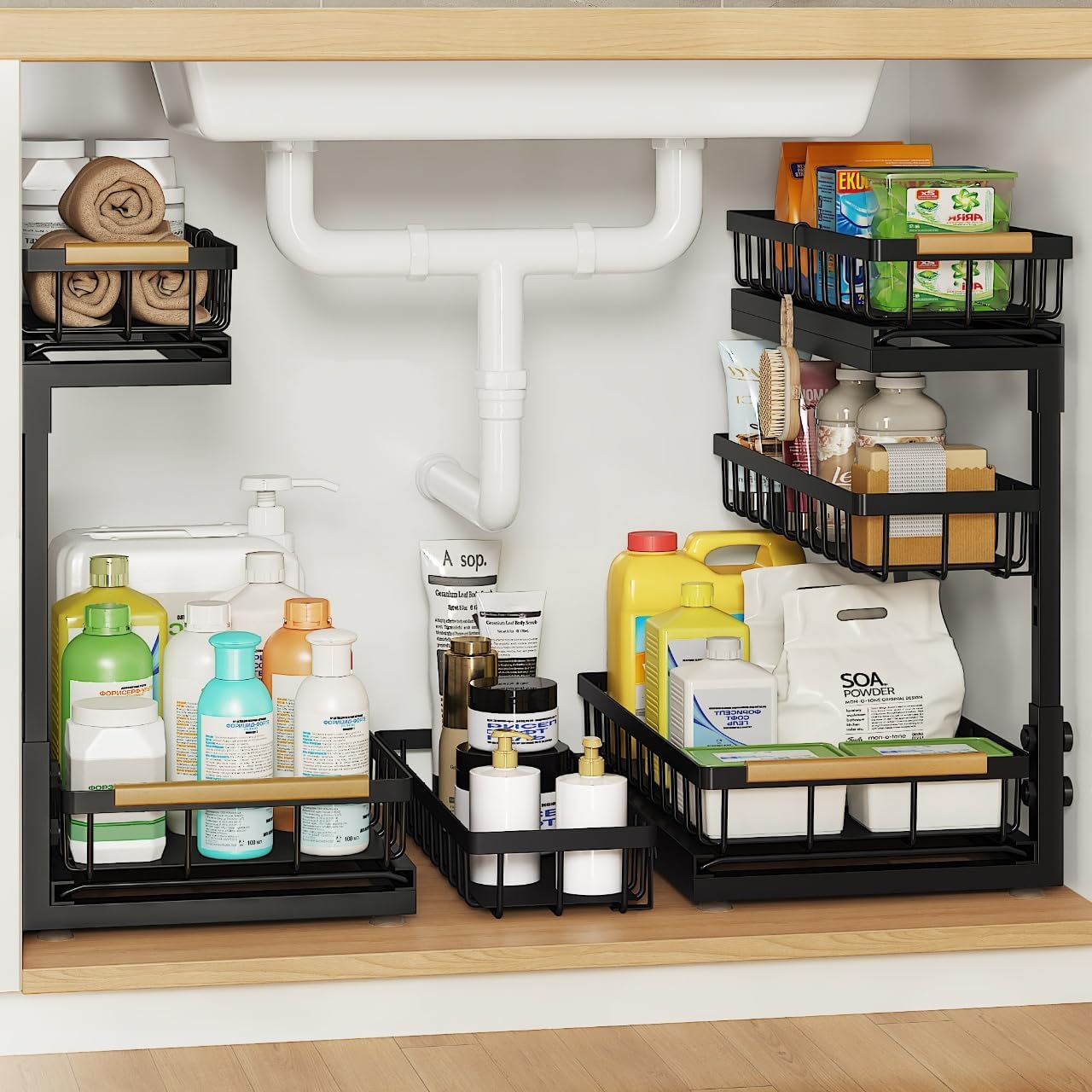 Under Sink Organizer - 2 Pack 3-Tier Pull-Out Shelf for Bathroom & Kitchen Storage | Slide-Out Drawer Solution