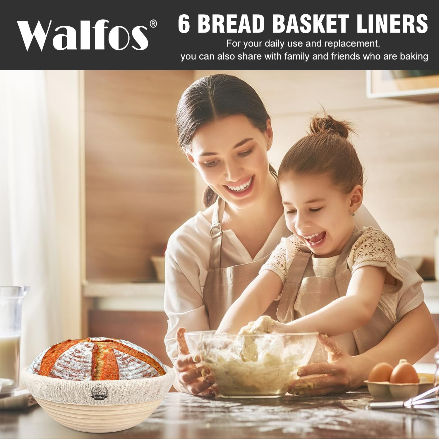 WALFOS Bread Basket Liner Cloth - 9 Inch Round Proofing Basket Cover for Baking Dough