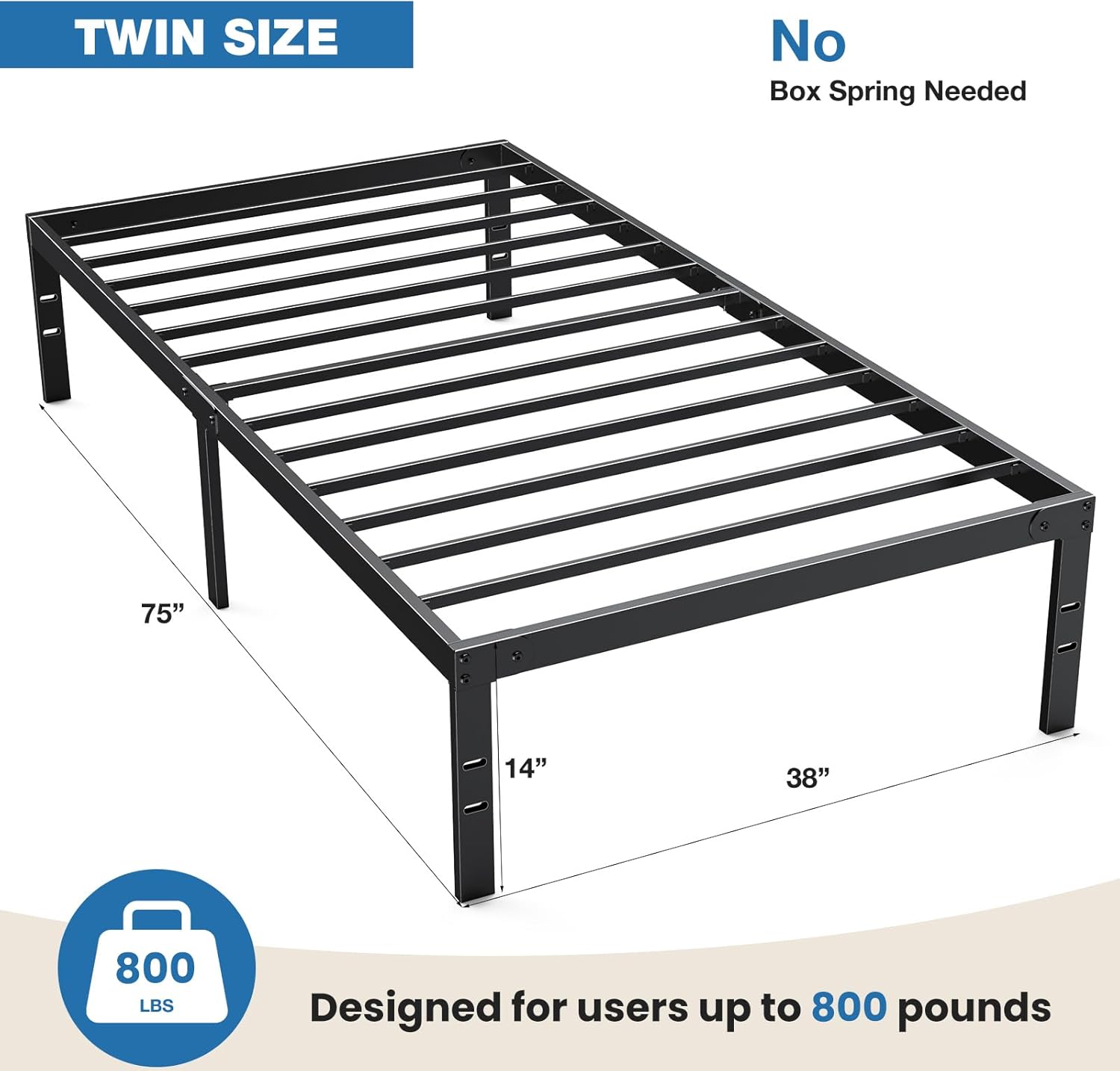 OLIXIS Metal Twin Bed Frame - 14" High with Storage Space | Sturdy Steel Slat Support, 800LBS Capacity, Black