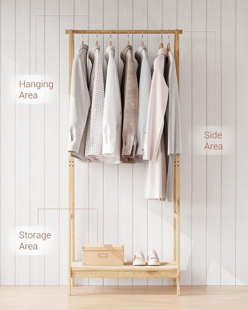 Clothing Rack with Storage Shelf, Bamboo Freestanding Garment Rack for Bedroom, Balcony, Clothes Store, Clothing Storage Organizer, Heavy Duty Clothes Rack for Hanging Clothes, Coats, Skirts, Shoes