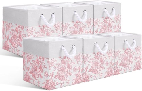 LemonRoad Pink Floral Cube Storage Bins - 6 Pcs Collapsible Fabric Organizers | 11.22 Inch Square Baskets