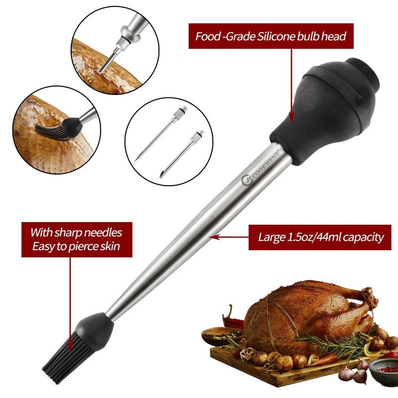 JY COOKMENT Stainless Steel Turkey Baster Baster Syringe for Cooking Meat Injector Set with 2 Marinade Needles 1 Basting Brush1 Cleaning Brush for Home Baking Kitchen Tool,2023 UPDATE