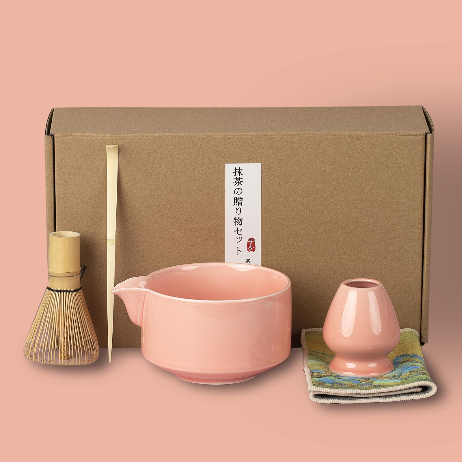 BEIMENWAI Matcha Whisk Set - Matcha Kit, 20 OZ Matcha Bowl with Spout, Bamboo Whisk & Holder, Tea Cloth - 5PCS Pink Matcha Set