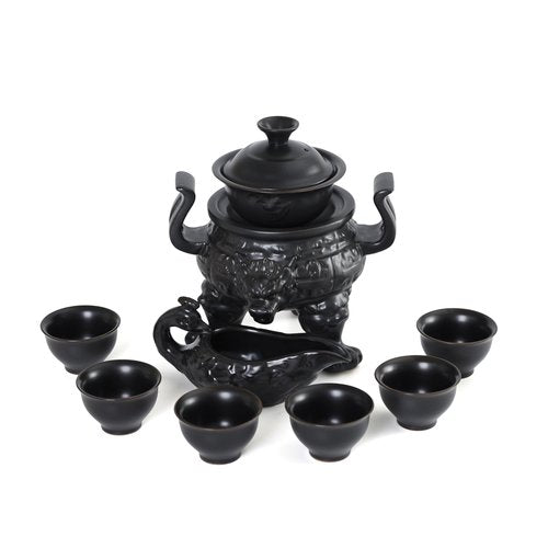 fanquare Chinese Gongfu Tea Set for 6, Rotating Tea Cup with Semi-automatic Base, Porcelain Tea Set for Home, Handmade Ceramic Tea Cups, Fair Cup, Gaiwan, Black