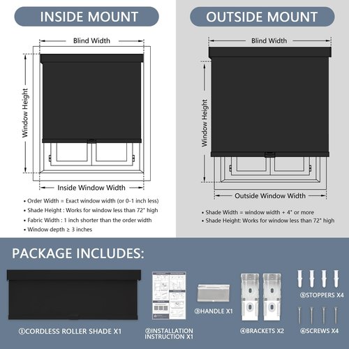 AOSKY Blackout Roller Shades Cordless Blinds for Windows, Free-Stop Shades with Valance, Thermal Insulated Fabric, UV Protection, Natural Woven Blinds for Home and Office (29" W x 72" H, Black)
