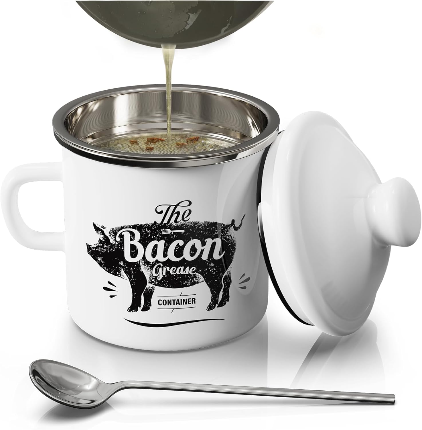 PGYARD Mini Bacon Grease Container - 15oz Enamel Strainer for Kitchen Fat Storage | Dishwasher Safe - White