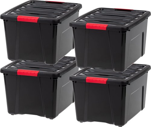 IRIS USA 40 Qt Stackable Plastic Storage Bins - BPA-Free, Durable Organizing Solution, 4 Pack - Black