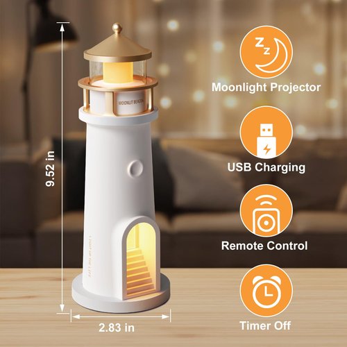 Lighthouse Table Lamps with Remote - Ultra HD Realistic Moon Projection, Flicker-Free Soft Warm White Light, 4 Brightness Adjustable &Timer, Rechargeable Nautical Bedside Lamp for Bedroom Living Room