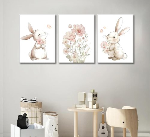 Grengel Pink Girl Nursery Bunny Canvas Wall Art - Cute Rabbit & Wildflowers Decor for Baby Rooms