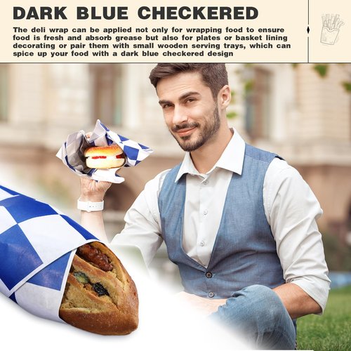 Colarr 1000 Pcs Waxed Paper Sheets Bulk 15 x 15 Inch Large Sandwich Wrapping Papers Checkered Deli Food Basket Liners for Burgers Bread Restaurant Barbecue Picnic(Dark Blue)