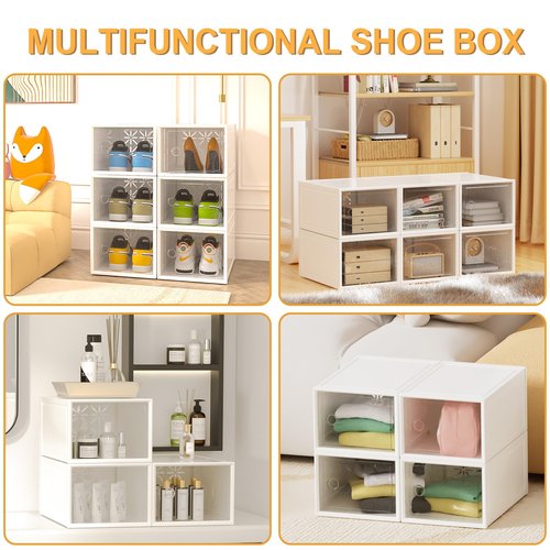 HWQBany 6 Pack X-Large Shoe Storage Boxes Organizer for Closet, Shoe Boxes Clear Plastic Stackable, Space Saving Foldable, Fit up to US Size 12 Shoes, Shoe Rack for Entryway, Closet, Under Bed, White