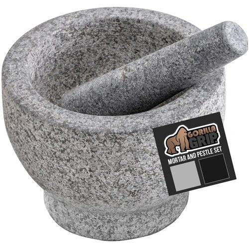 GORILLA GRIP 100% Natural Granite Stone Mortar and Pestle Set, 2 Cup, Non-Scratch Base, Heavy Duty Unpolished Molcajete Guacamole Salsa Bowl, Grind Seeds, Garlic, Herbs, Spices, Kitchen Muddler, Gray