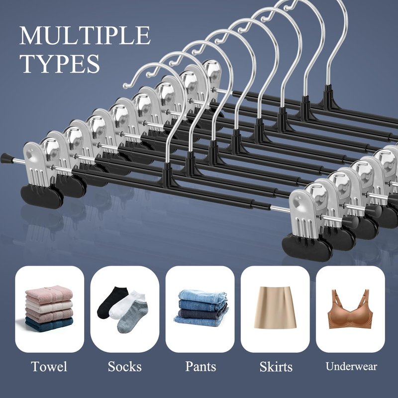 HWAJAN Clothes Pants Hangers with Wide Clips 50 Pack,Non-Slip Adjustable Skirt Hanger for Women,Space-Saving Heavy Duty Men Hangers for Pants,Trousers,Jeans,Shorts 12Inch Black