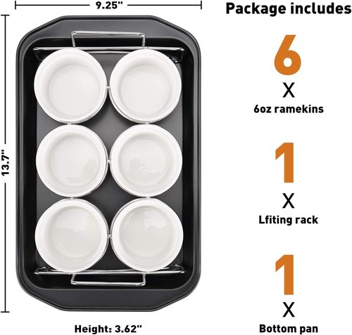 Creme Brulee Making Set - 6 Oz Porcelain Ramekins with Stainless Steel Lifting Rack & Bottom Pan