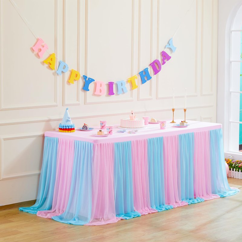 Pink Blue Tulle Tablecloth 4Pack Stretchable Cross Table Cover 3 Sides for Wedding, Birthday, Party Decor, Banquet, Bridal Shower Fits Rectangle Tables 6ft