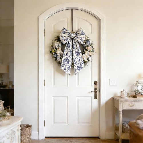 AZYM Wreath Sash Set - Elegant Blue Flower Ribbon for Indoor/Outdoor Door Decor | 2 Pcs