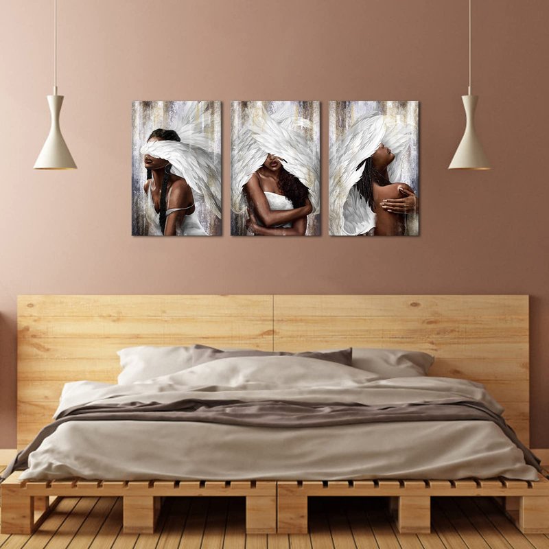 sechars Angel Wall Art Canvas Black Woman with Angel Wings Painting Prints Modern African American Abstract Girl Pictures Artwork for Home Living Room Bedroom Decor (Medium)