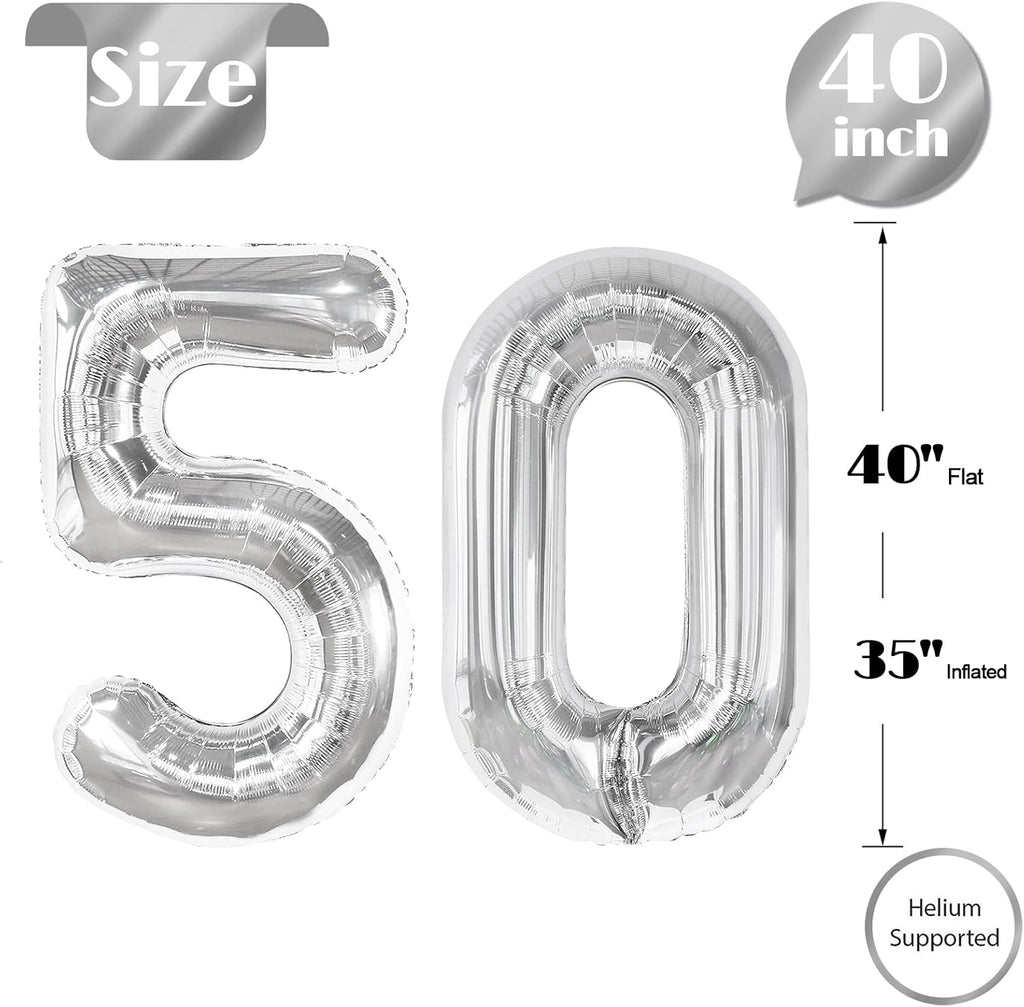Silver Number 50 Balloon - 40 Inch Giant Foil Balloon for 50th Birthday Party Decorations