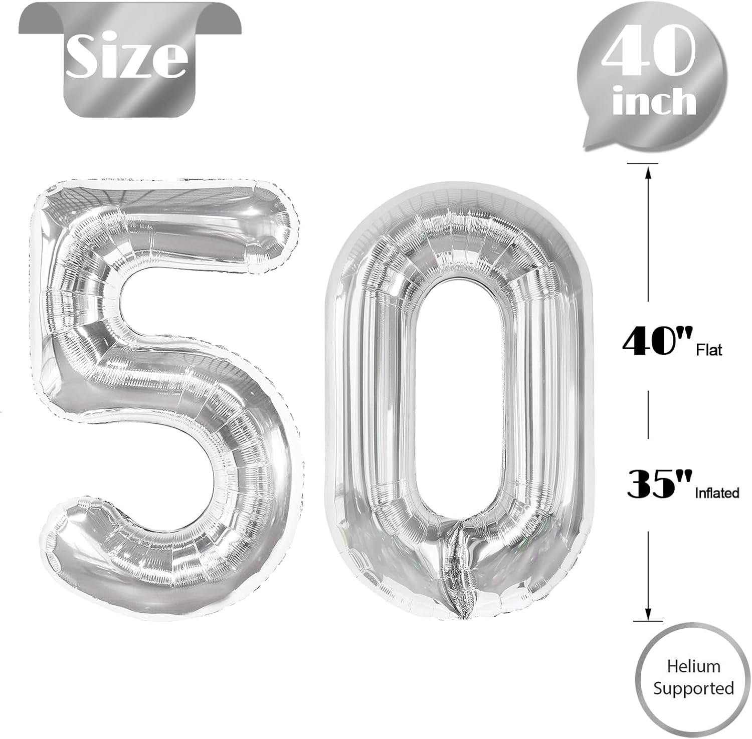 Silver Number 50 Balloon - 40 Inch Giant Foil Balloon for 50th Birthday Party Decorations