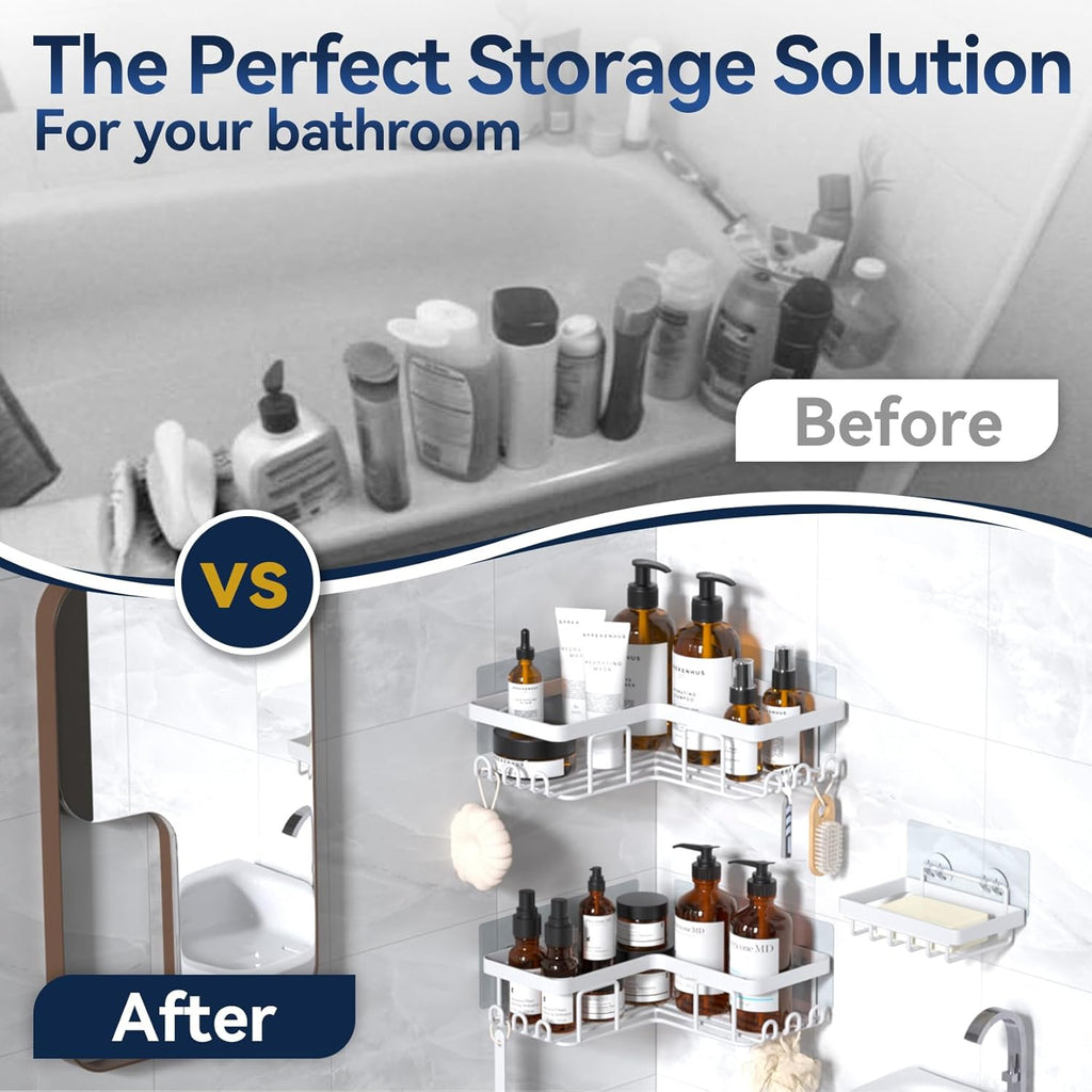 YASONIC Corner Adhesive Shower Caddy - Rustproof Stainless Steel Bathroom Organizer | 3-Pack with Soap Holder & 12 Hooks